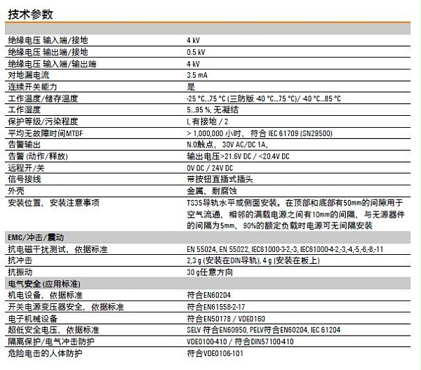 魏德米勒PROtop系列電源技術(shù)參數(shù)