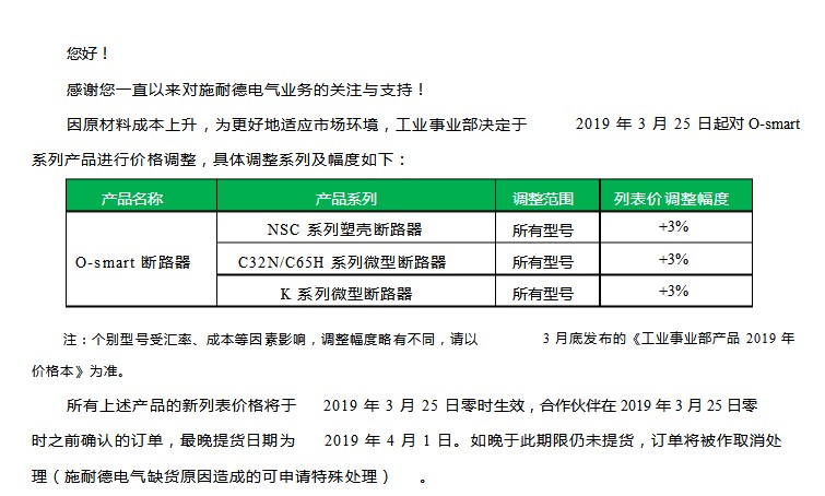 施耐德O-smart系列斷路器將正式漲價